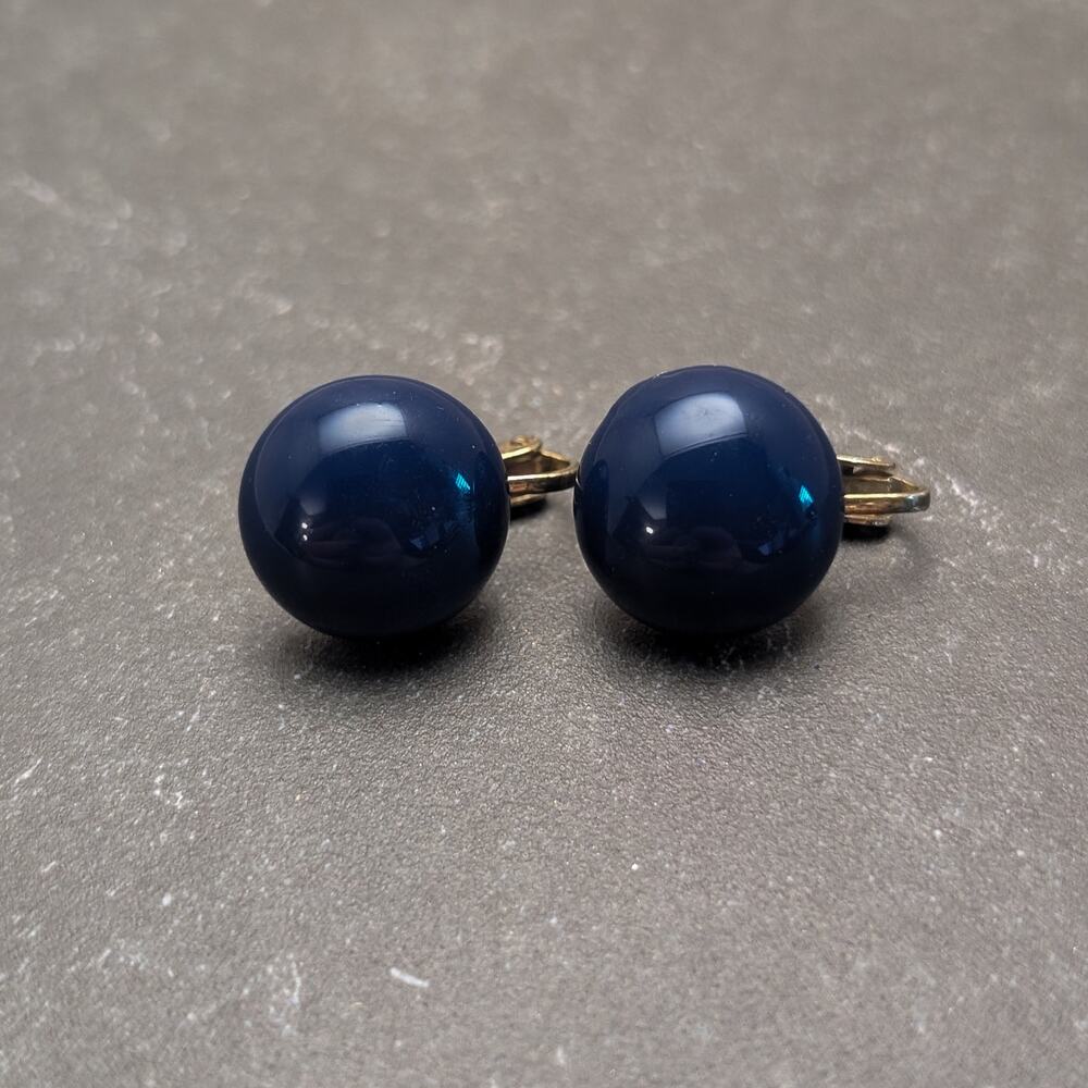 Vintage Clip On Earrings Retro 5/8" Navy Dark Blue Domed Circle